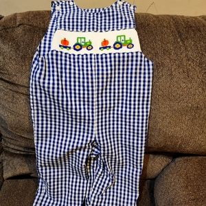 Anavini Boys Light Blue Gingham Longall - Smocked Pumpkin Trucks size 2